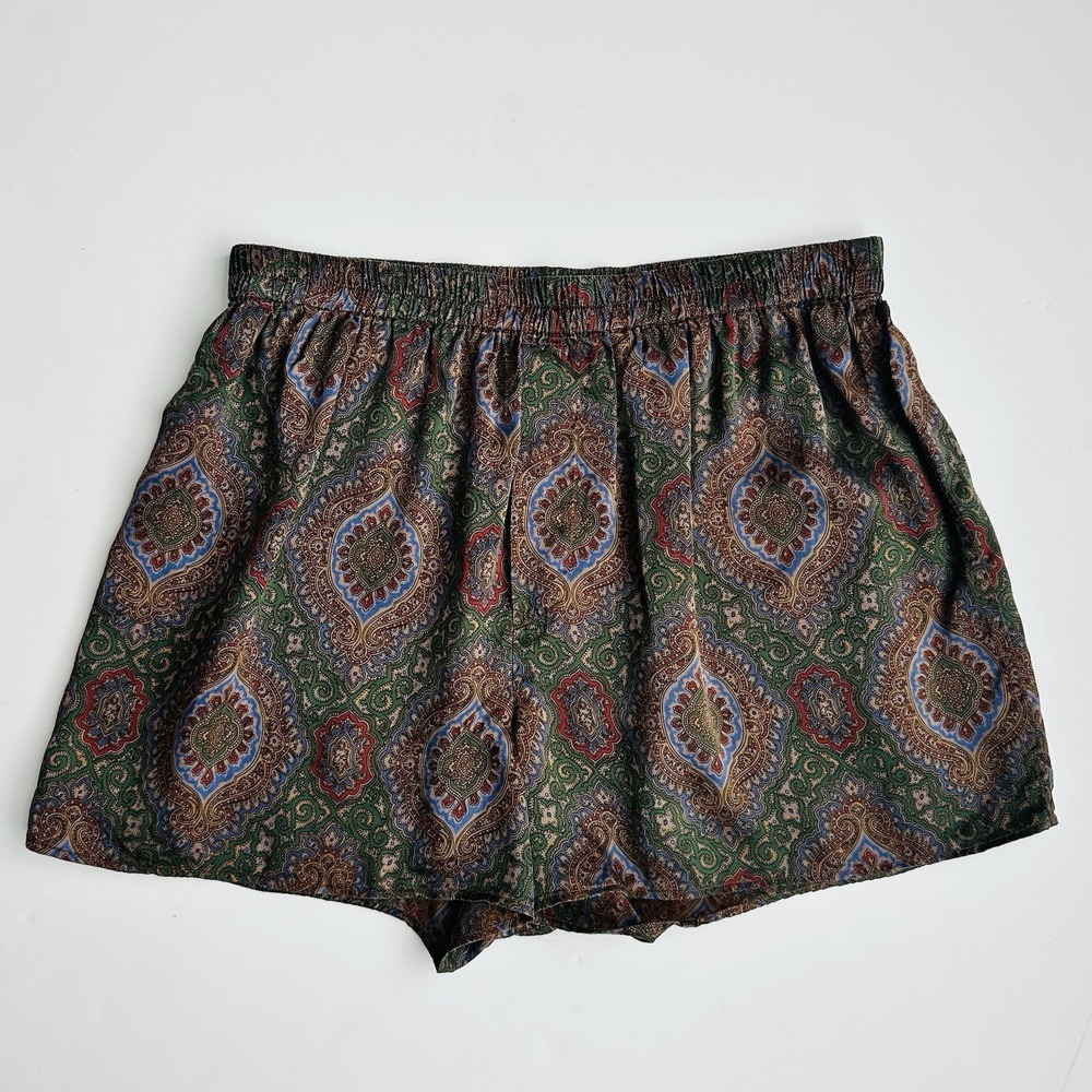 Vintage Fratelli 100% Silk Boxers Shorts Men's Size M Paisley Green Blue Lounge